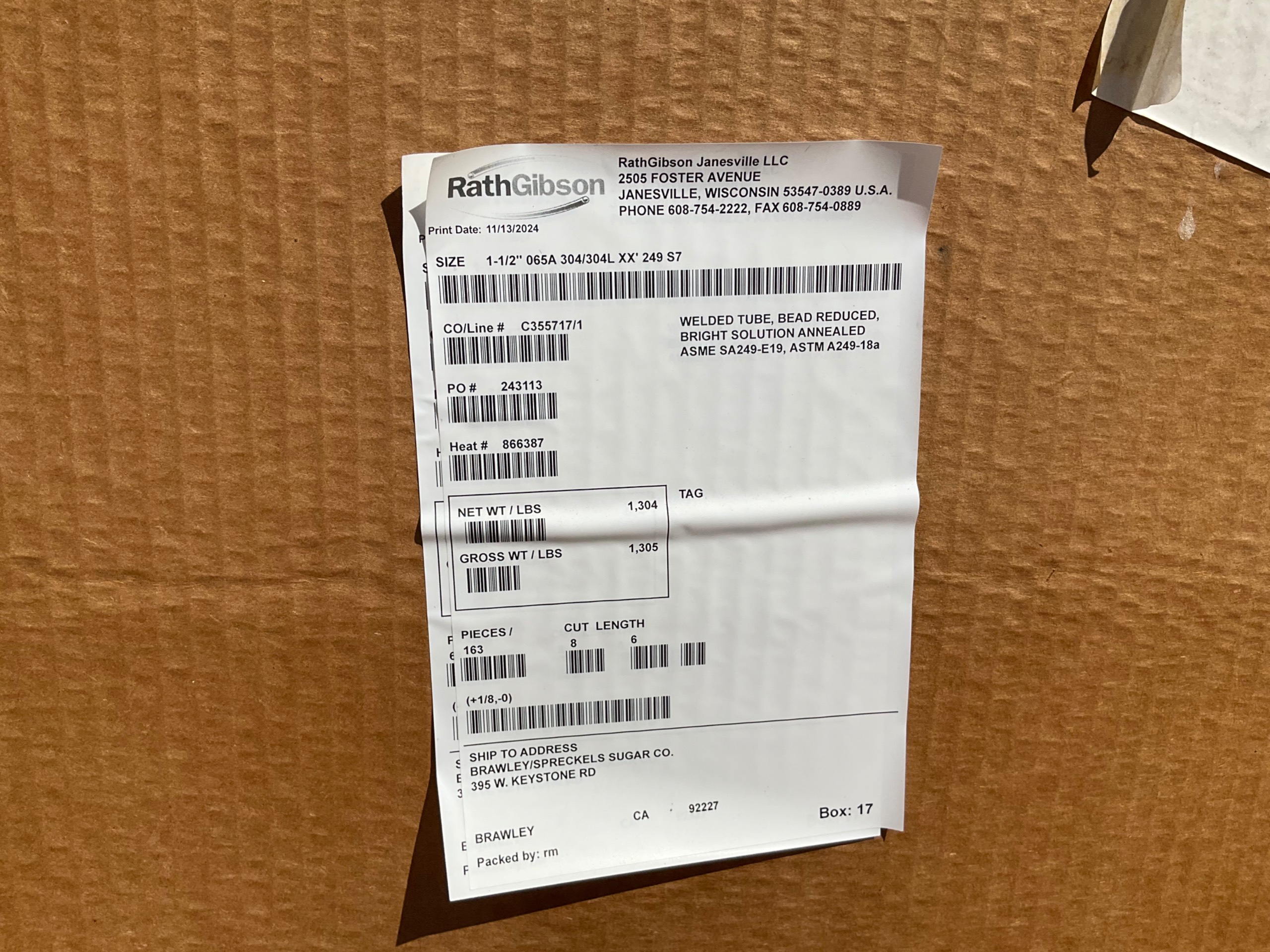 BULK QTY OF 2024 RATHGIBSON 1-1/2" 065A 304/304L 20' STAINLESS STEEL TUBES - undefined