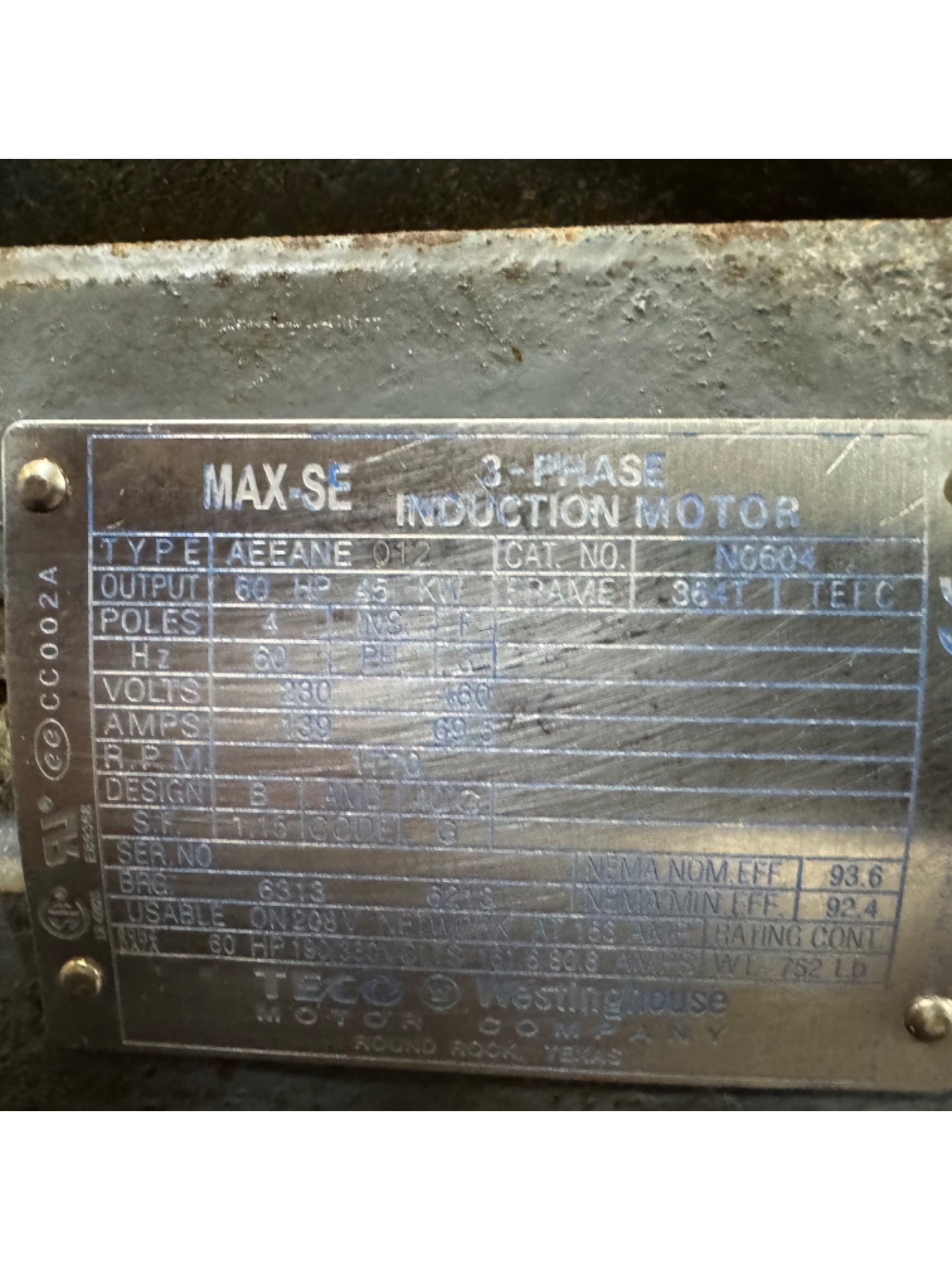 TECO WESTINGHOUSE AEEANE 012 AC MOTOR - undefined