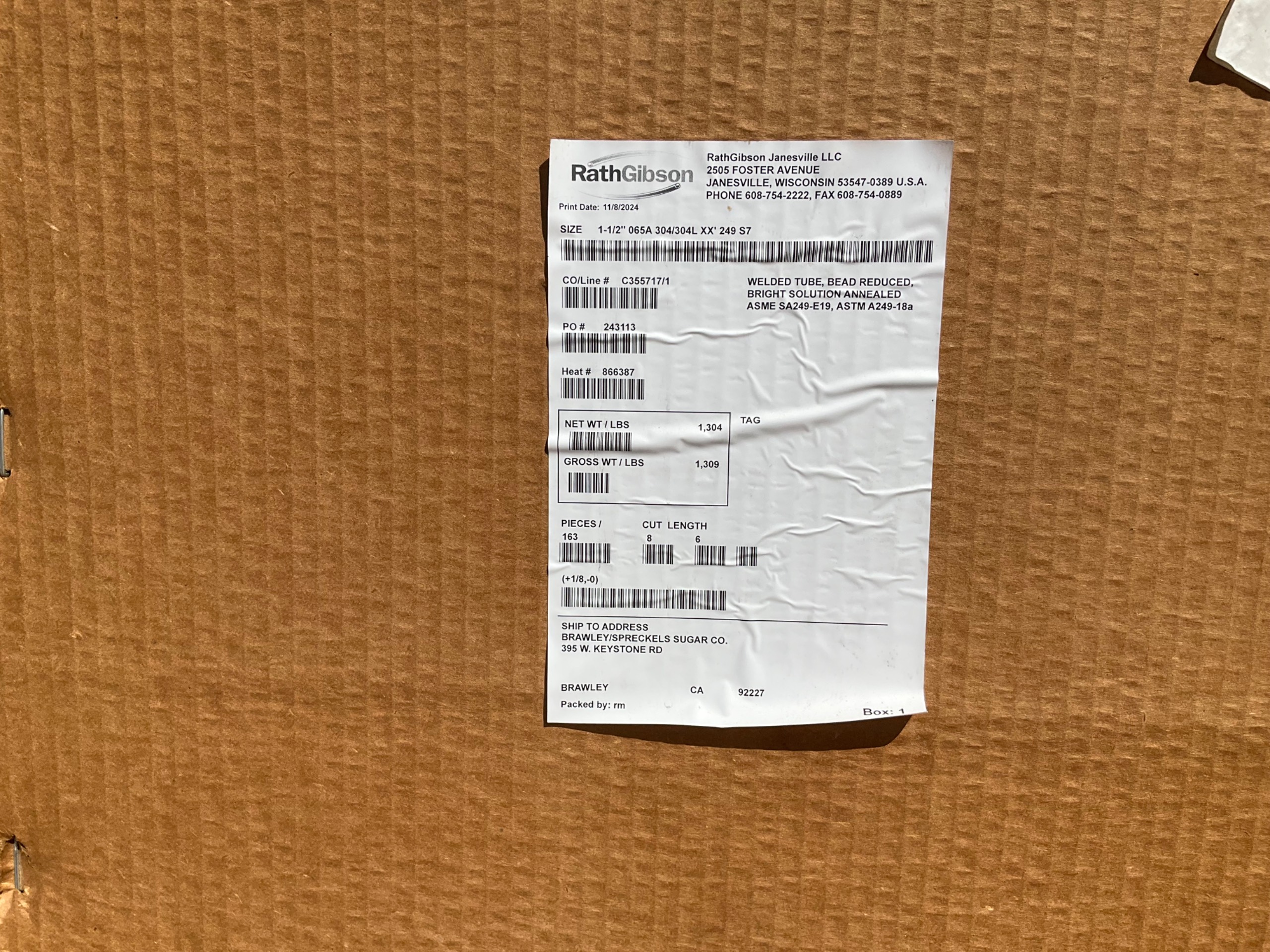 BULK QTY OF 2024 RATHGIBSON 1-1/2" 065A 304/304L 20' STAINLESS STEEL TUBES - undefined