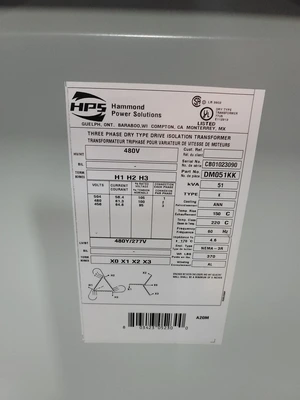 HAMMOND HPS DM051KK DRIVE ISOLATION TRANSFORMER, 51KVA, 480D/480Y 3PH - undefined