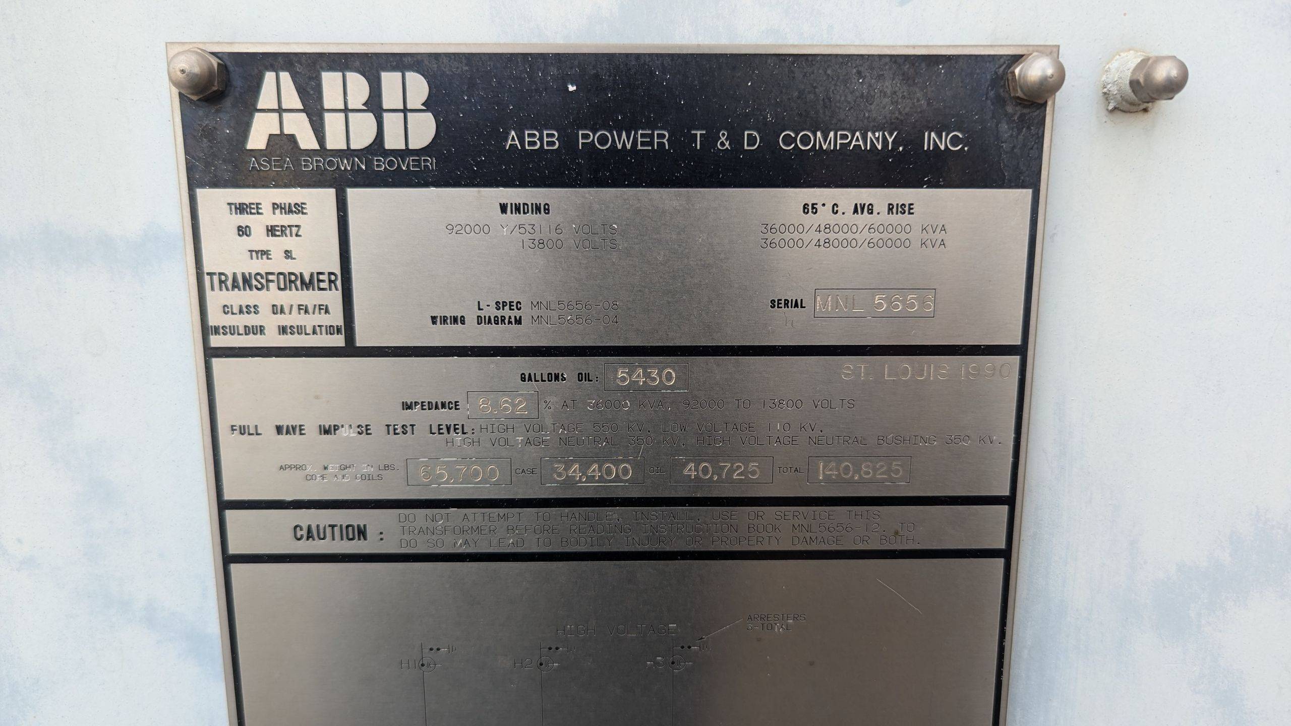 1990 ABB OIL FILLED TRANSFORMER - undefined