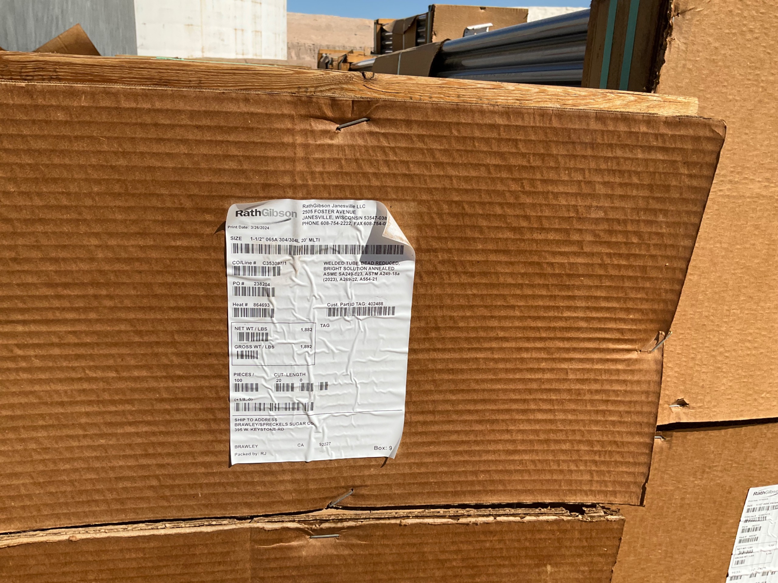 BULK QTY OF 2024 RATHGIBSON 1-1/2" 065A 304/304L 20' STAINLESS STEEL TUBES - undefined