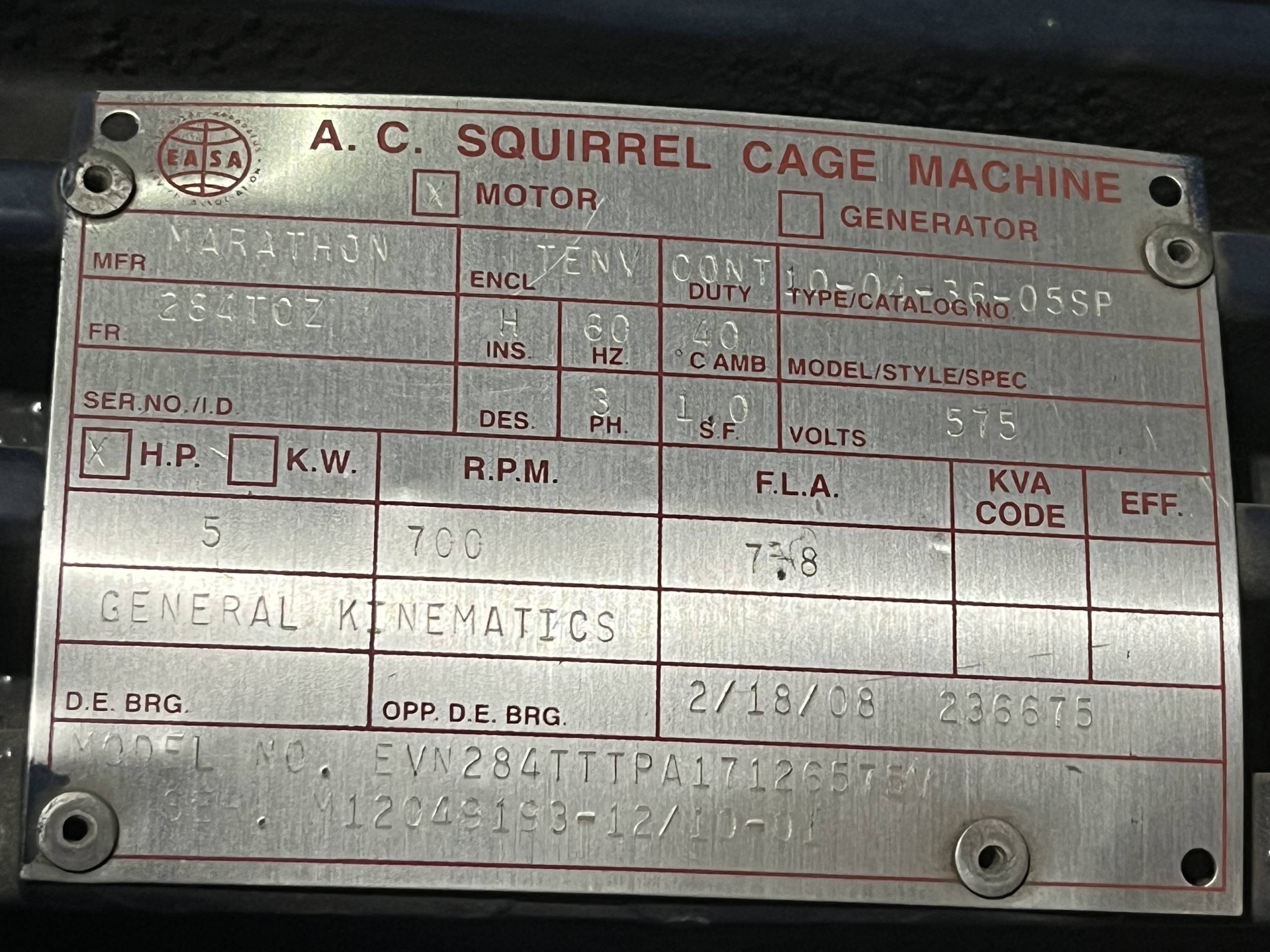 MARATHON EVN284TTTPA171265EV - 700 RPM, 575/3/60, 5HP AC MOTOR - undefined
