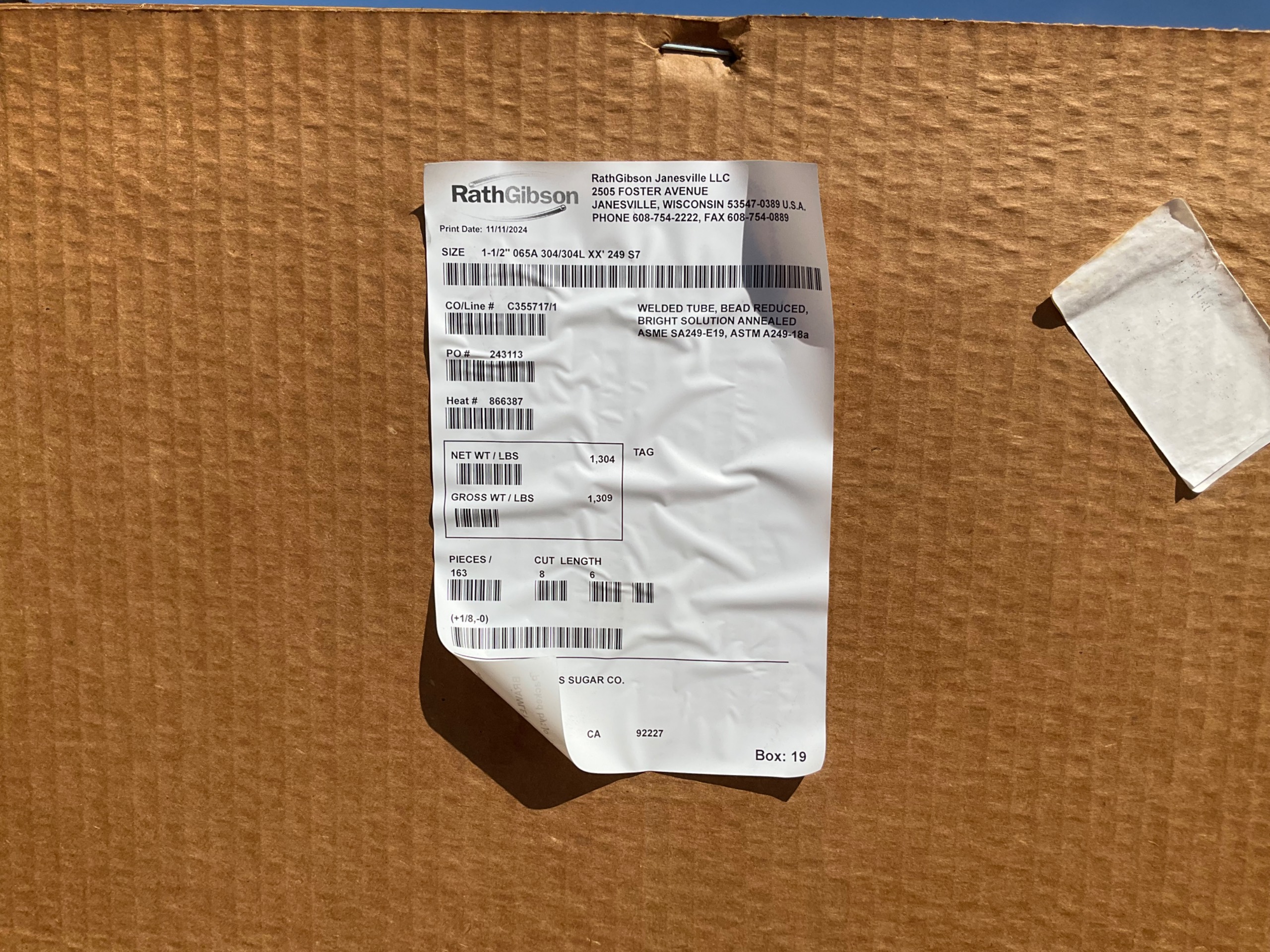 BULK QTY OF 2024 RATHGIBSON 1-1/2" 065A 304/304L 20' STAINLESS STEEL TUBES - undefined