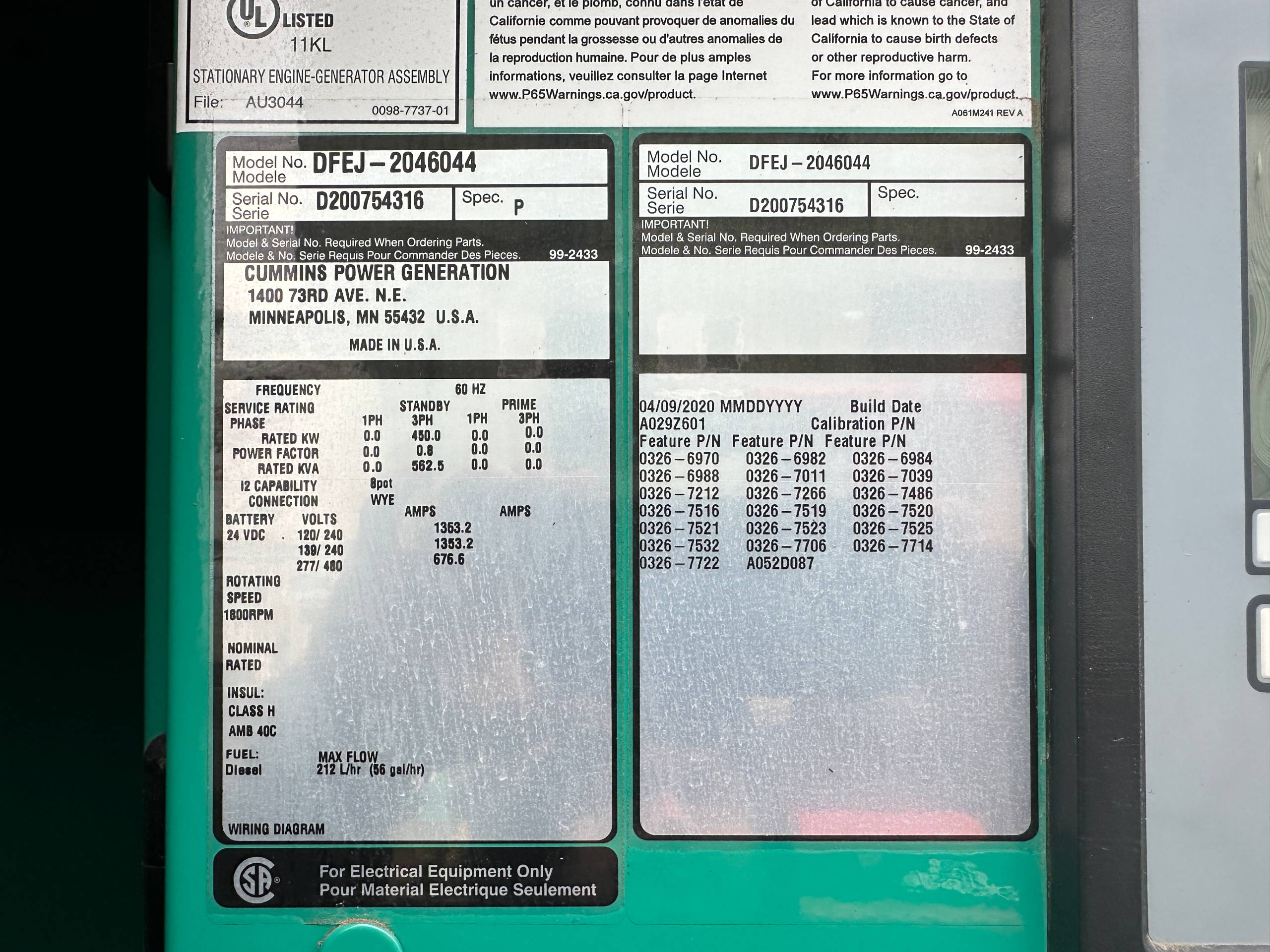 2020 CUMMINS DFEJ 450 KW DIESEL GENERATOR - undefined