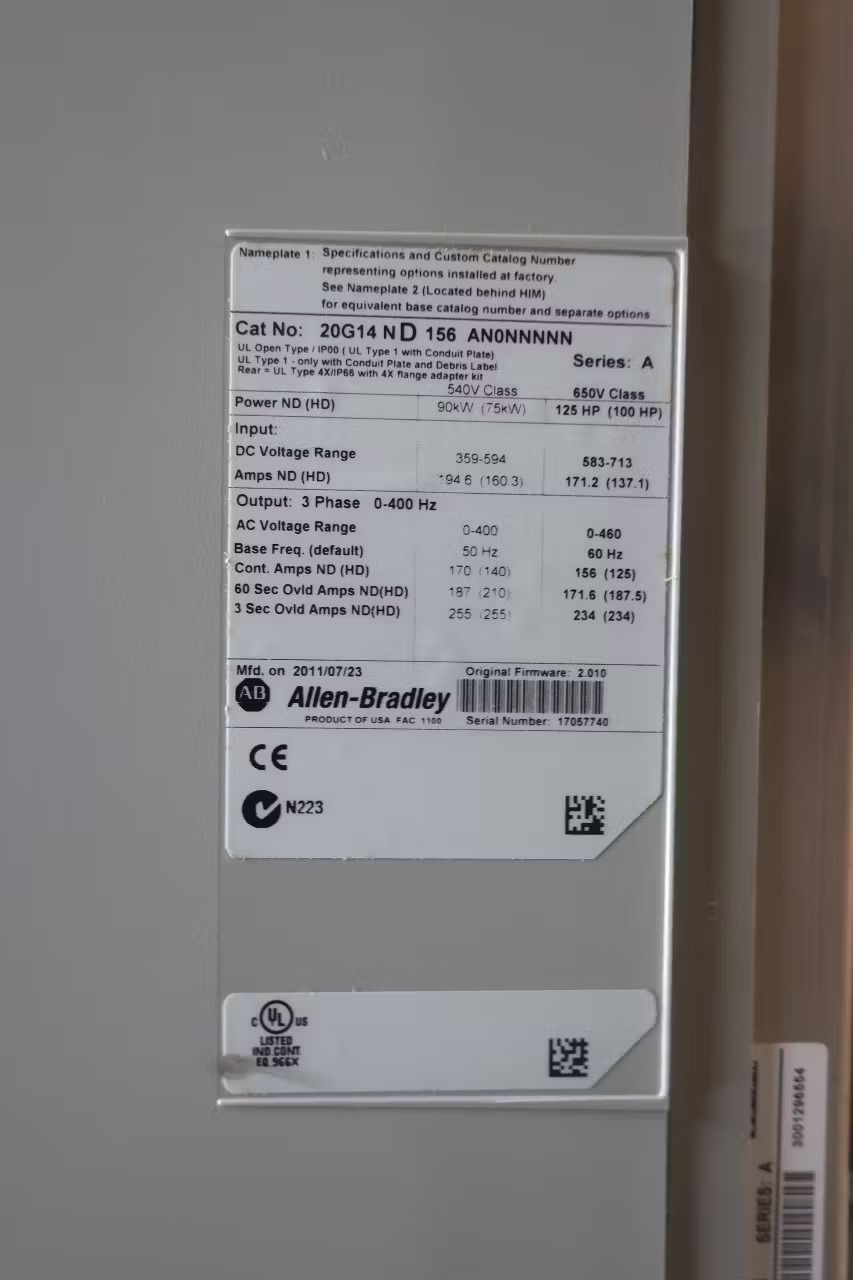 ALLEN BRADLEY 20G14ND156AN0NNNNN POWERFLEX 755 AC VFD DRIVE 400HZ 460V-AC 125HP - undefined