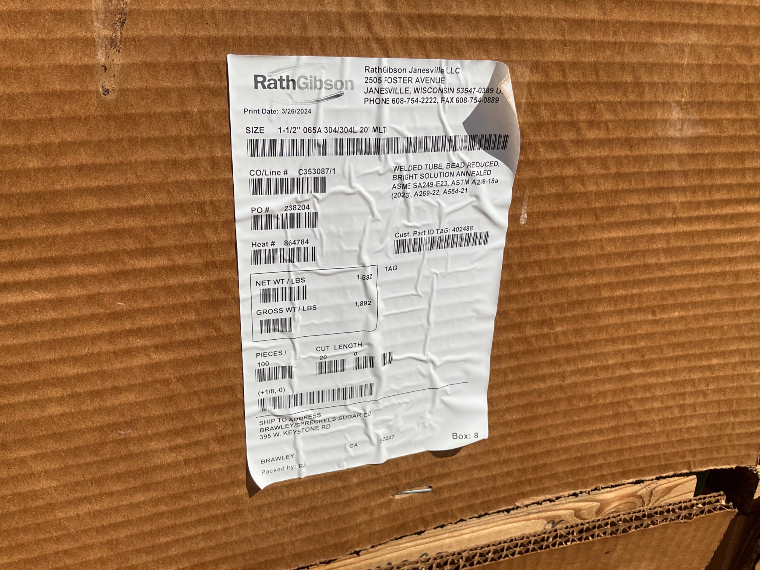 BULK QTY OF 2024 RATHGIBSON 1-1/2" 065A 304/304L 20' STAINLESS STEEL TUBES - undefined