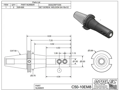 PARLEC CAT50 C50-10EM8 END MILL HOLDER, 1" BORE, 8" PROJECTION LENGTH, 2" NOSE DIA. - undefined
