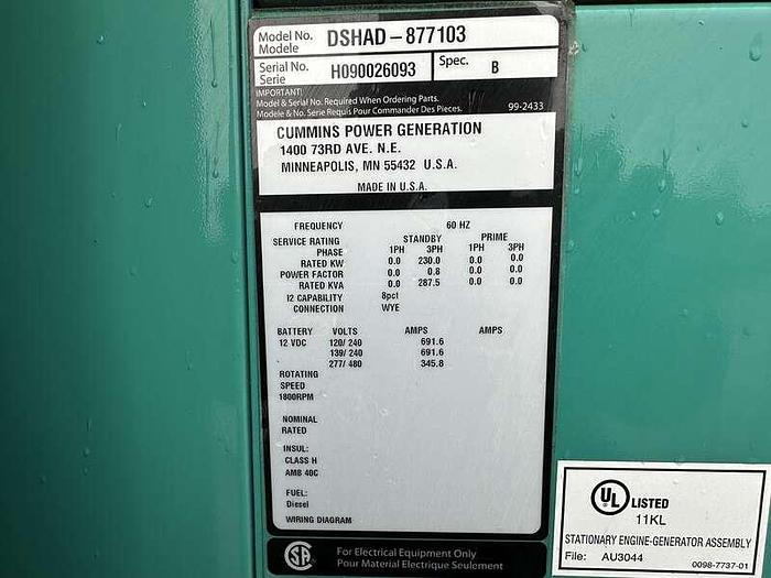 2009 CUMMINS DSHAD QSL9-G2 NR3 DIESEL GENERATOR EPA TIER 3 230 KW - undefined