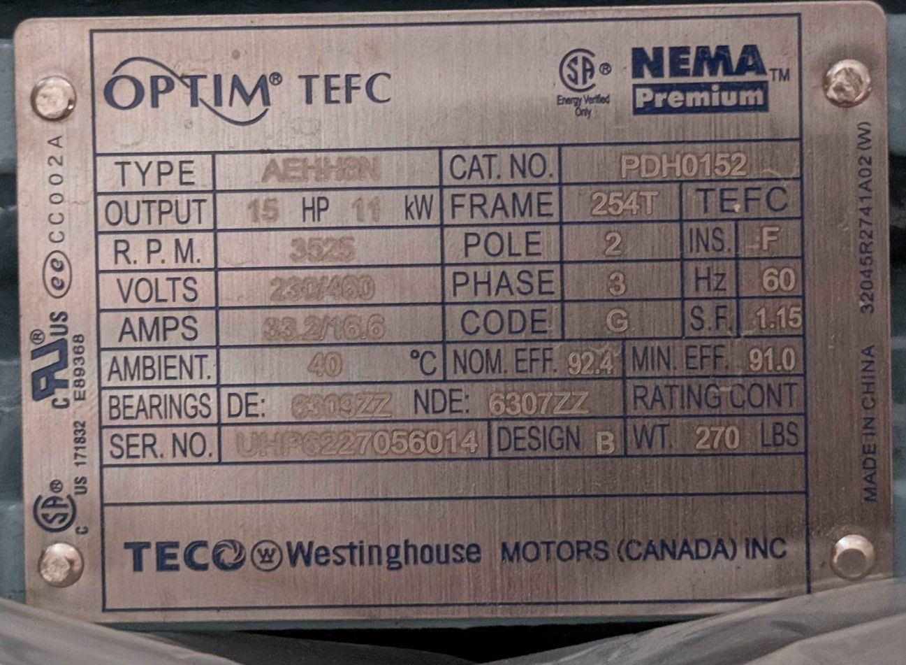 15 HP TECO WESTINGHOUSE AEHH8N ELECTRIC DRIVER - undefined