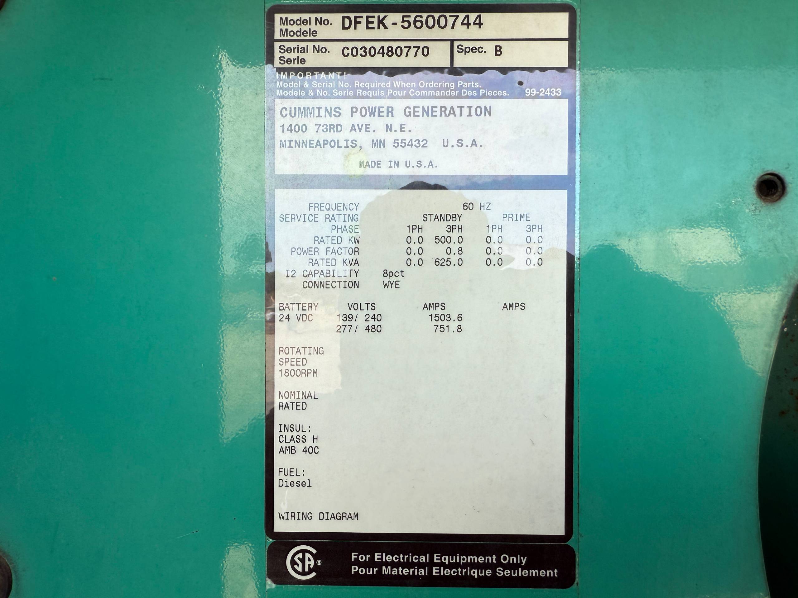 2003 CUMMINS DFEK 500 KW DIESEL GENERATOR - undefined