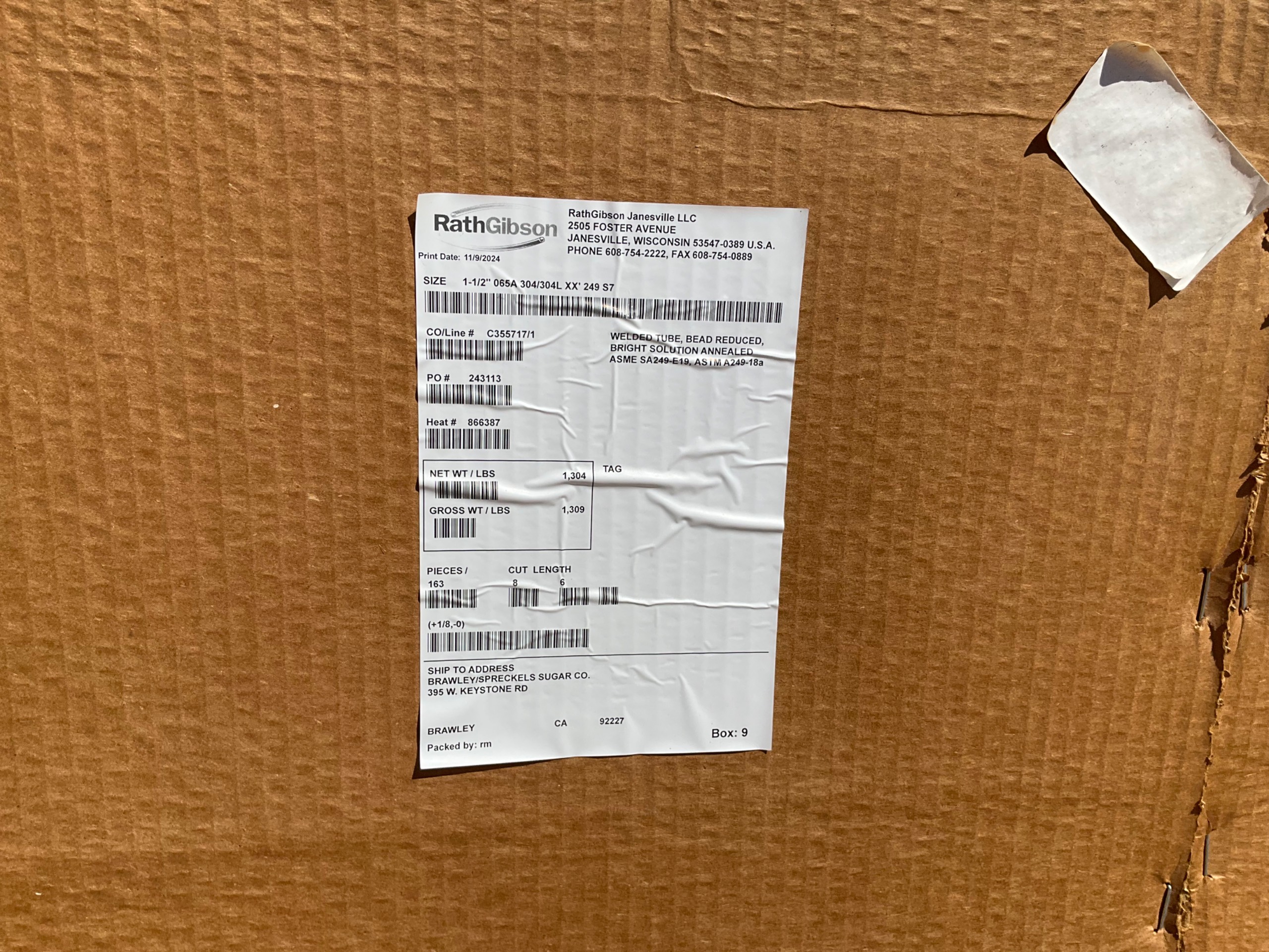 BULK QTY OF 2024 RATHGIBSON 1-1/2" 065A 304/304L 20' STAINLESS STEEL TUBES - undefined