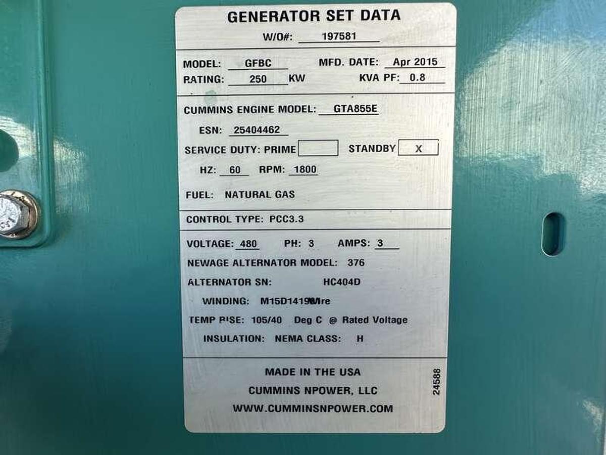 2015 CUMMINS GFBC GTA855-G3 NATURAL GAS GENERATOR 250KW - undefined