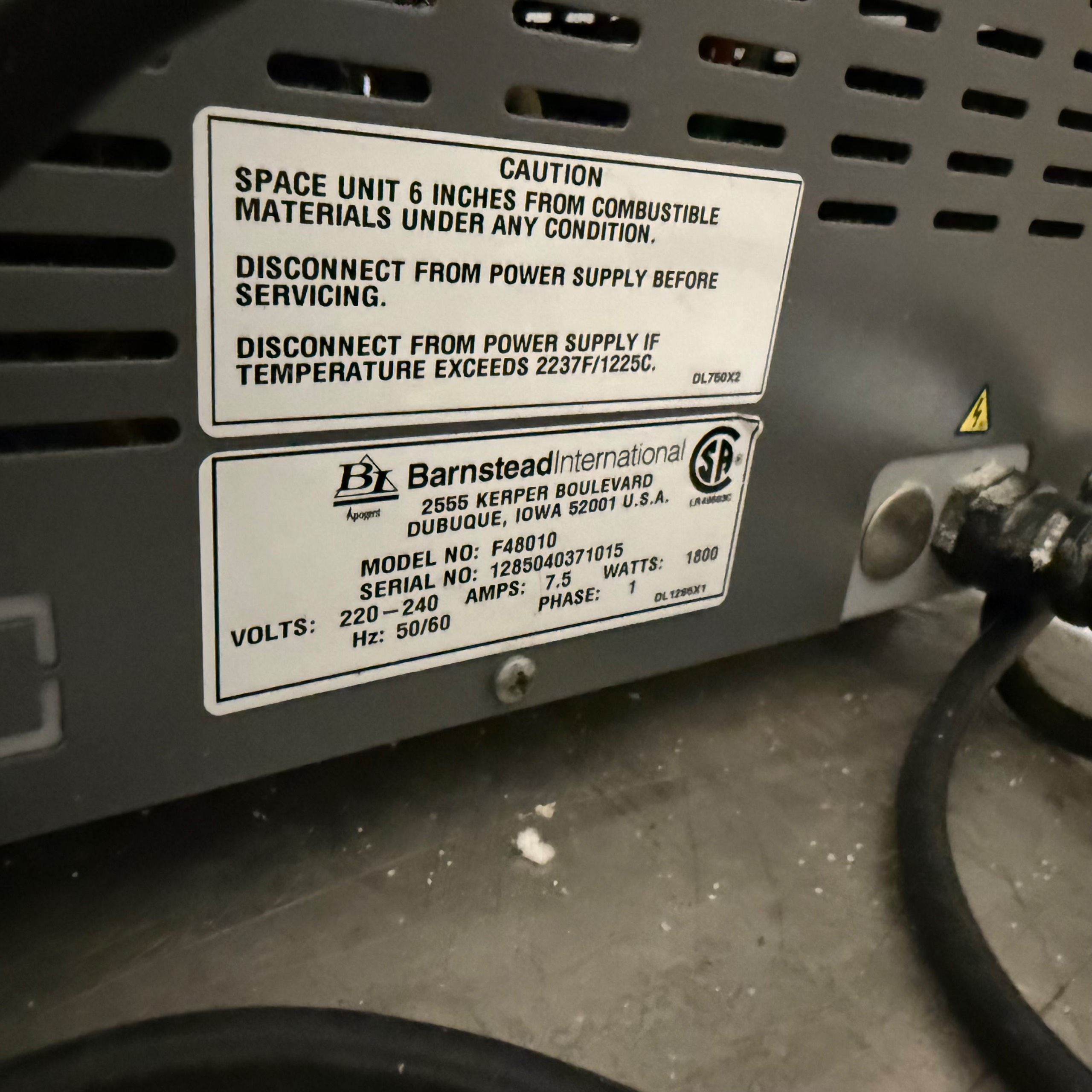 BARNSTEAD INTERNATIONAL F48010 48000 FURNACE - undefined
