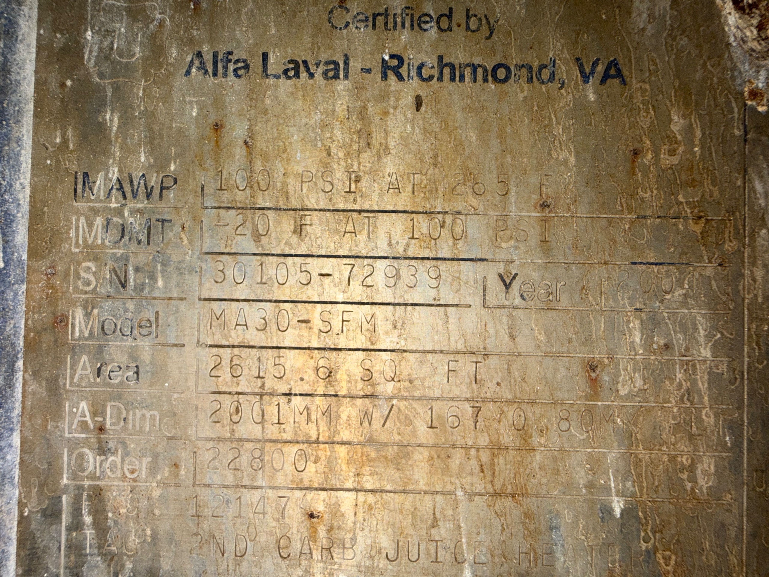 2004 ALFA LAVAL MA30-SFM PLATE HEAT EXCHANGER - undefined