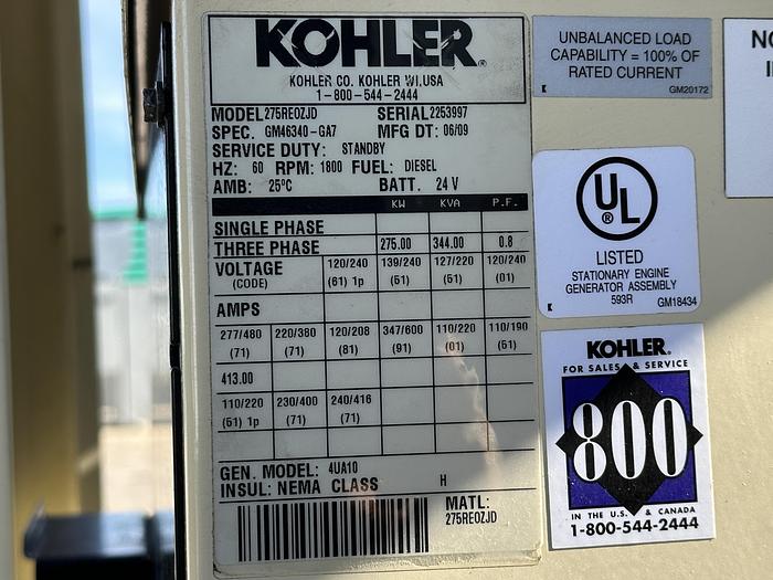 2009 KOHLER 275REOZJD JOHN DEERE 6090HF485 DIESEL GENERATOR EPA TIER 3, 275 KW - undefined