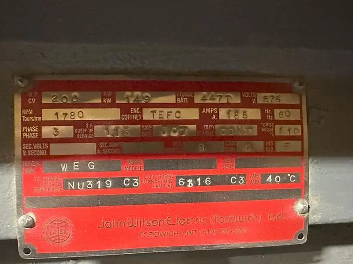 2007 WEG ELECTRIC MOTOR, 200 HP, 575V, 1780 RPM, FRAME 447T - undefined