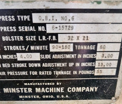 60 TON MINSTER O.B.I. PRESS, 4" STROKE, 13" SHUT HEIGHT, 90-180 SPM, 7.5 HP MOTOR - undefined