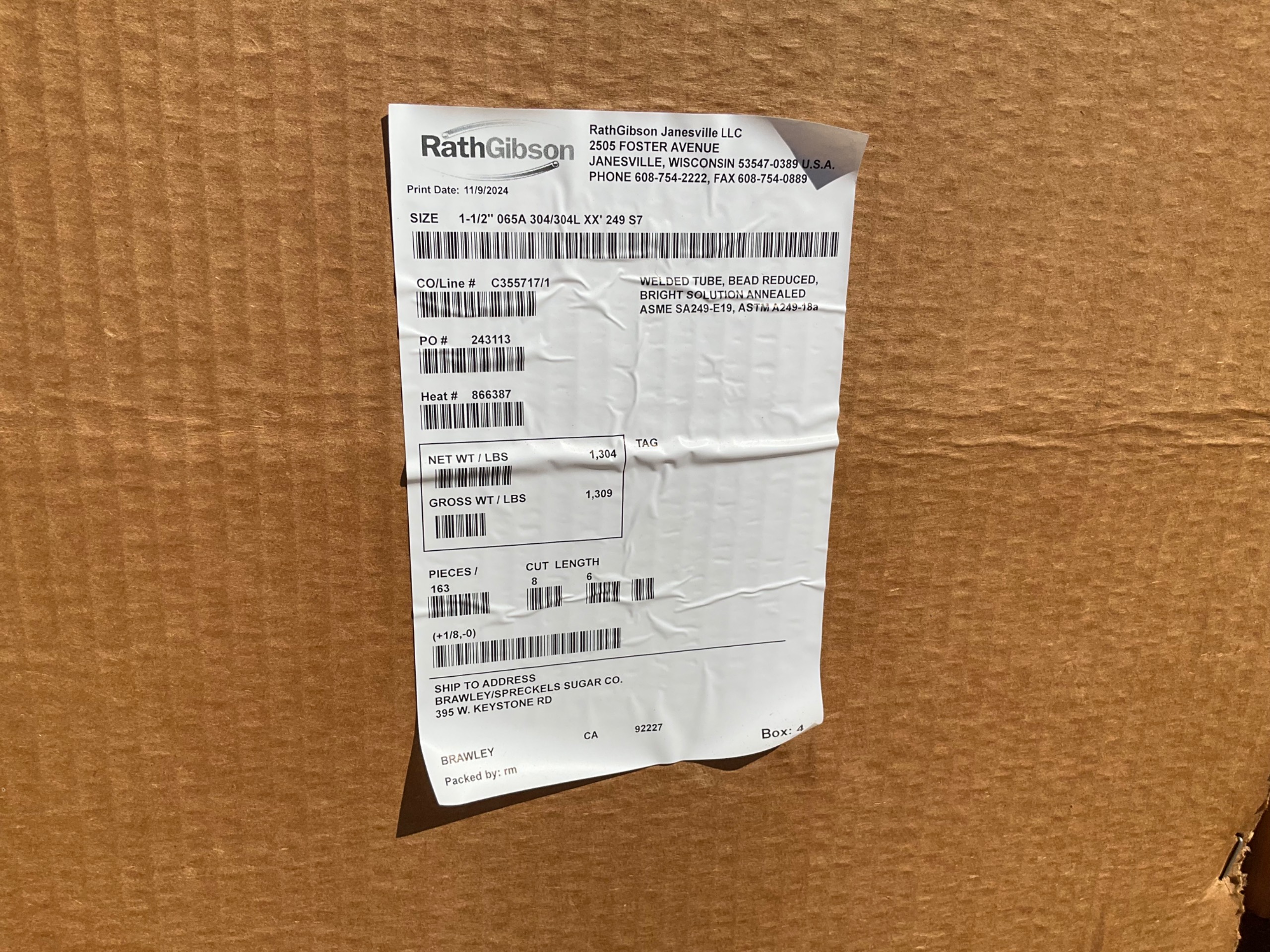 BULK QTY OF 2024 RATHGIBSON 1-1/2" 065A 304/304L 20' STAINLESS STEEL TUBES - undefined
