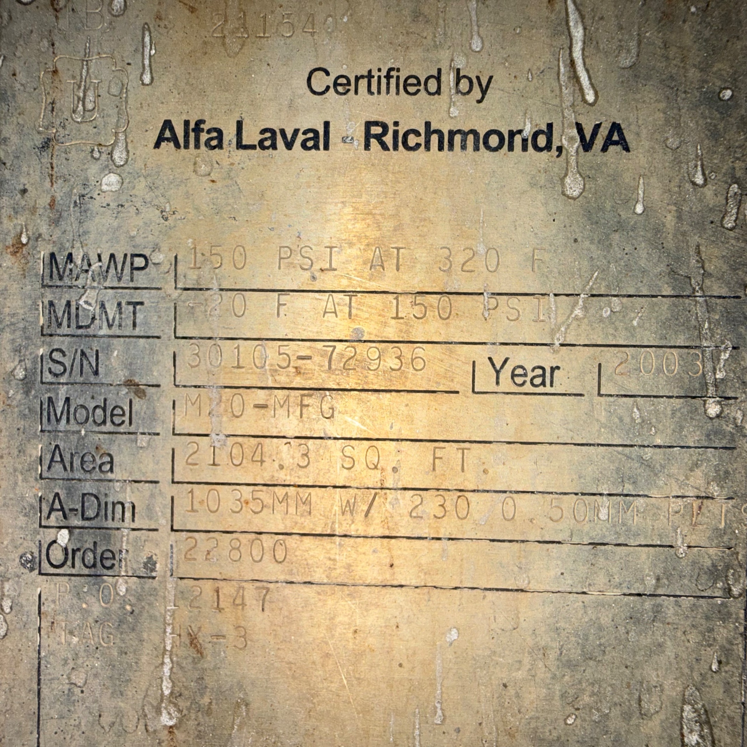 2003 ALFA LAVAL M20-MFG PLATE HEAT EXCHANGER - undefined