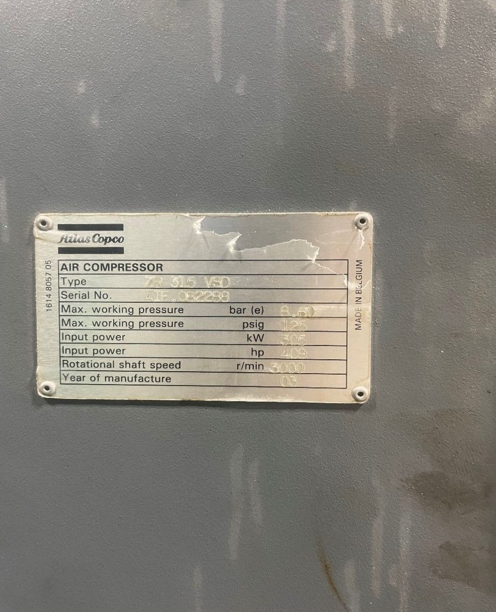 2003 ATLAS COPCO ZR 315 VSD STATIONARY AIR COMPRESSOR WITH DRYER - undefined