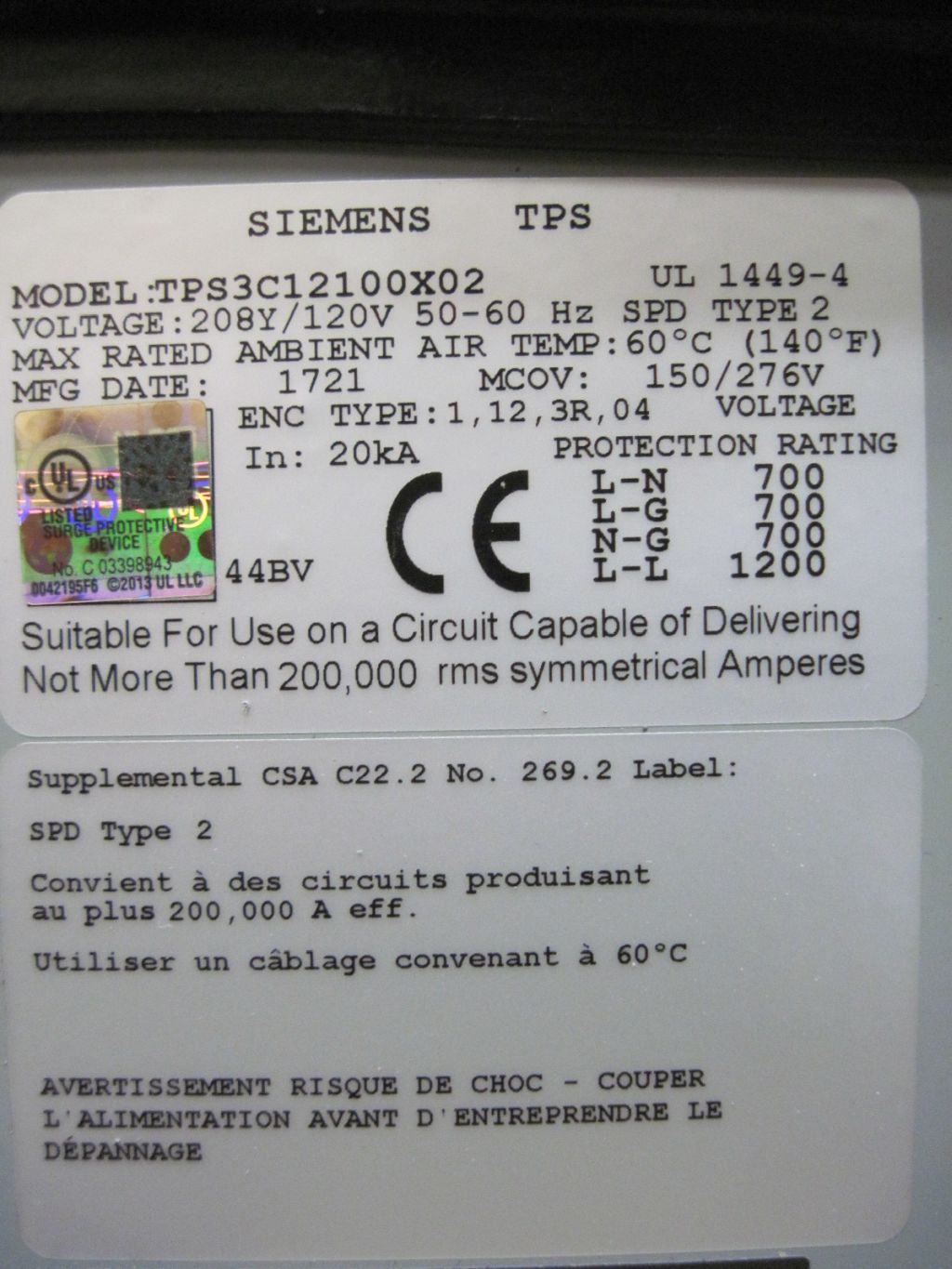 2017 SIEMENS TPS3C12100X02 SURGE PROTECTIVE DEVICE - undefined