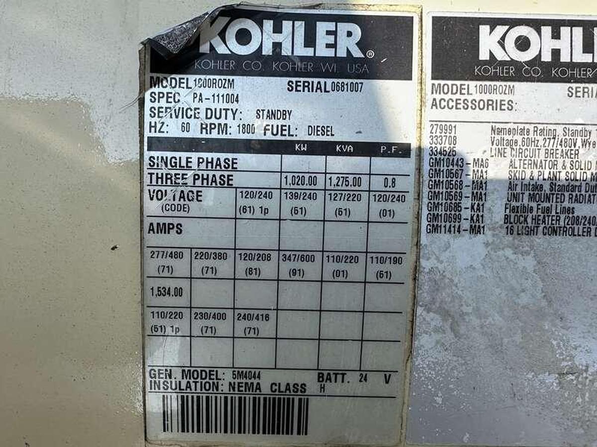 2000 KOHLER 1000ROZM DIESEL GENERATOR 1000 KW - undefined
