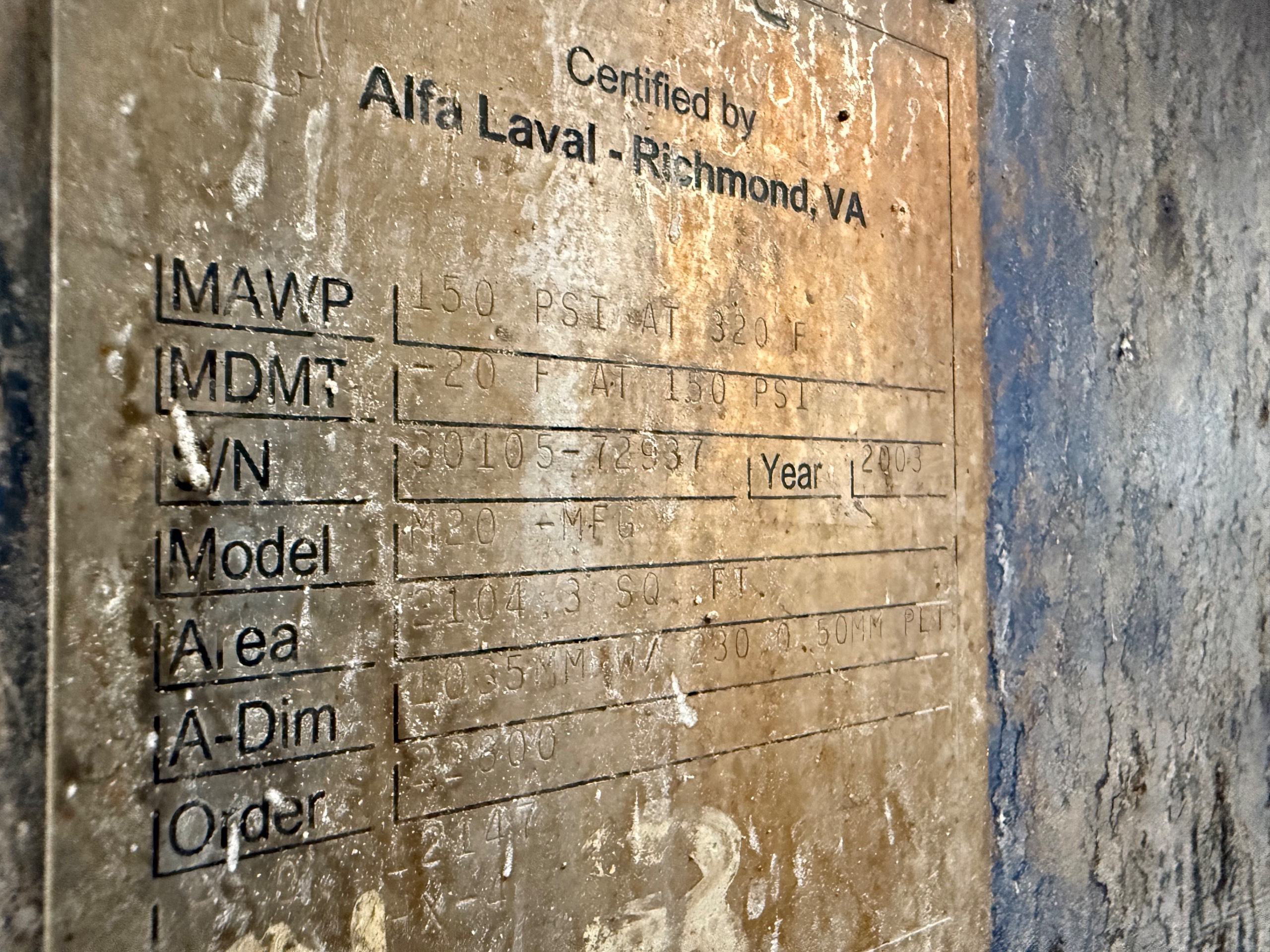 2003 ALFA LAVAL M20-MFG PLATE HEAT EXCHANGER - undefined