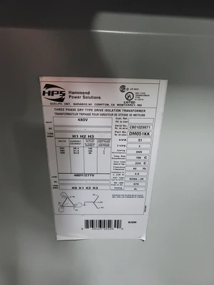 HAMMOND POWER DM051KK 51KVA DRIVE ISOLATION TRANSFORMER, 480D PRI/480Y SEC, NEMA 3R - undefined
