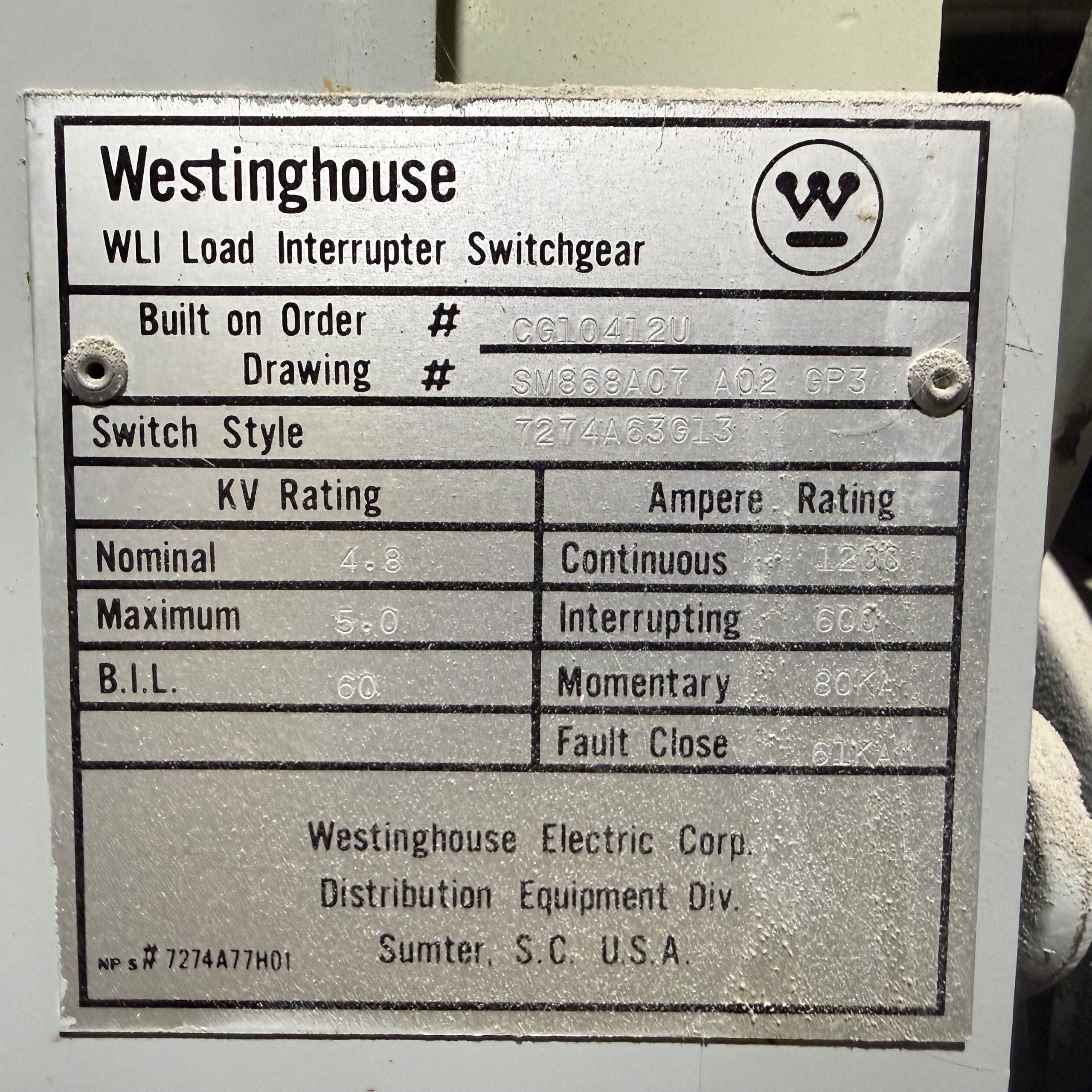 WESTINGHOUSE 7274A63G13 WLI LOAD INTERRUPTER SWITCHGEAR - undefined
