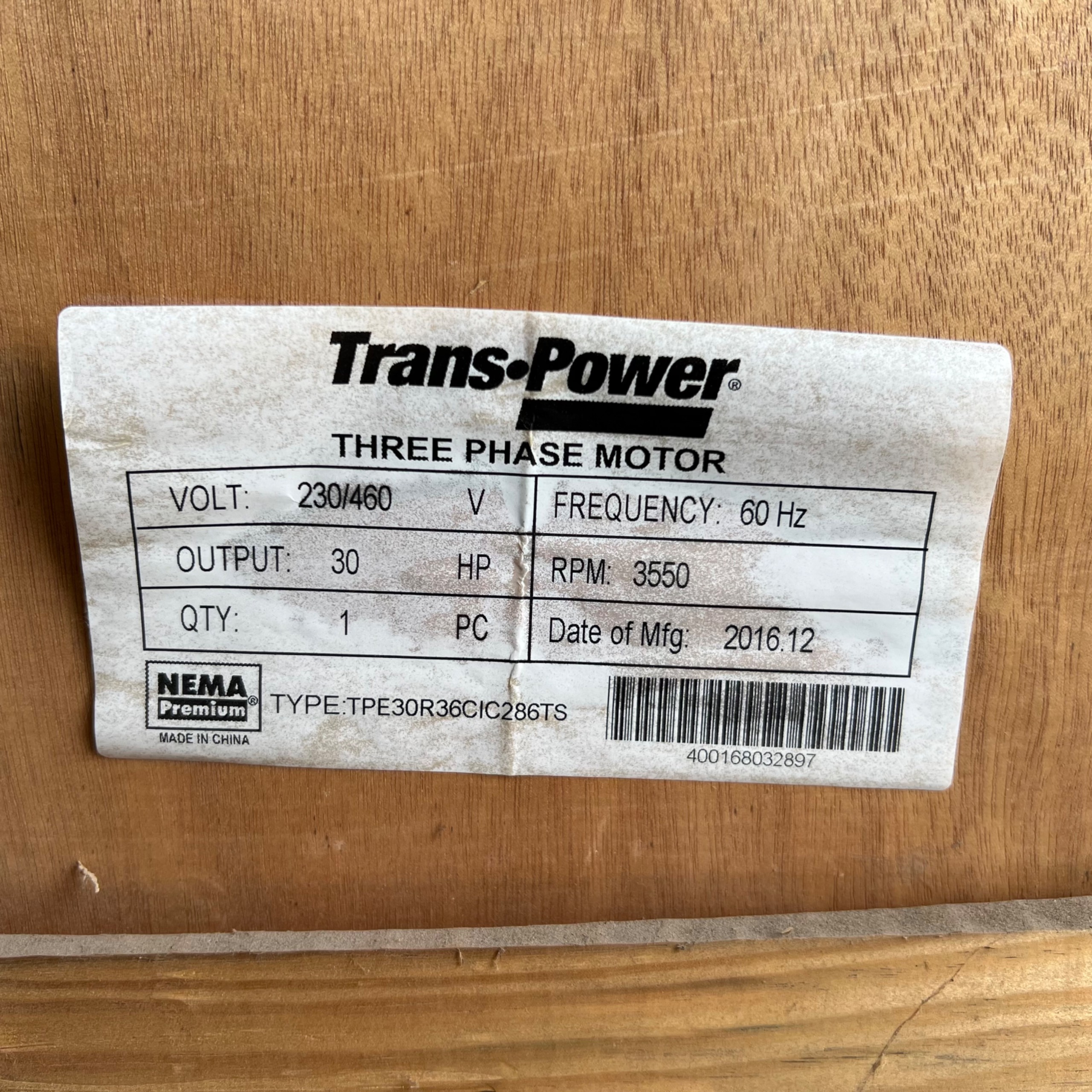 2016 TRANS POWER TPE30R36CIC286TS MOTOR - undefined