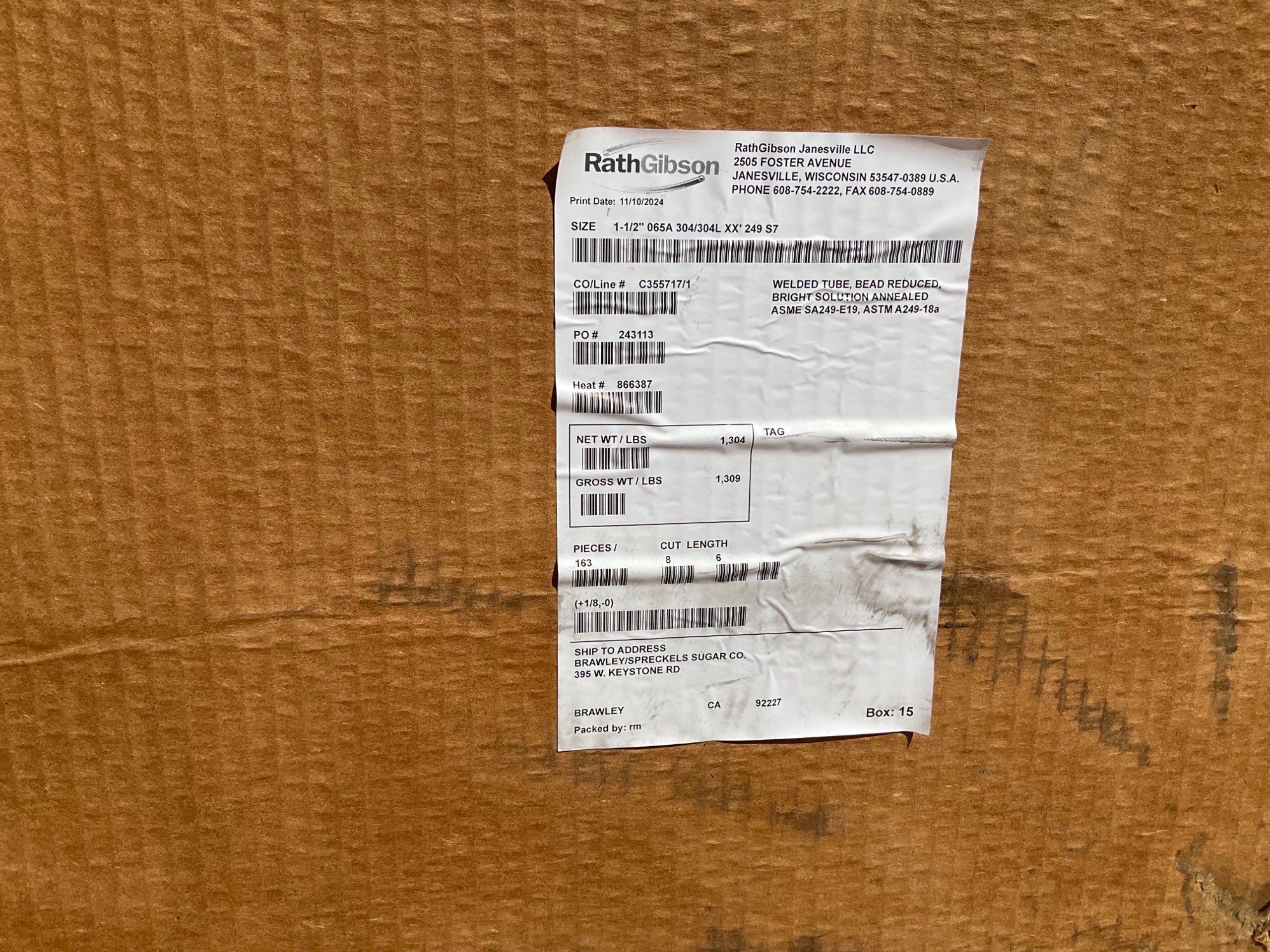 BULK QTY OF 2024 RATHGIBSON 1-1/2" 065A 304/304L 20' STAINLESS STEEL TUBES - undefined