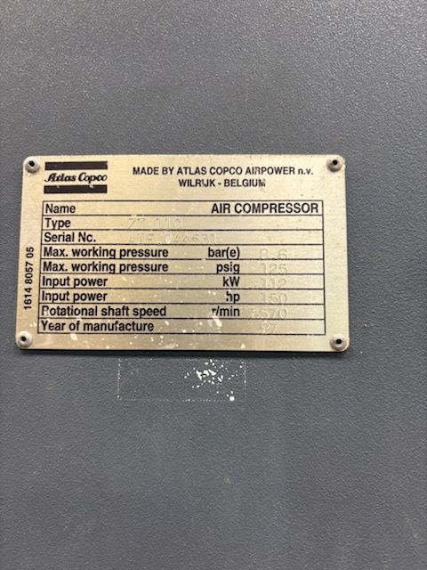 1997 ATLAS COPCO ZT110 STATIONARY AIR COMPRESSOR - undefined