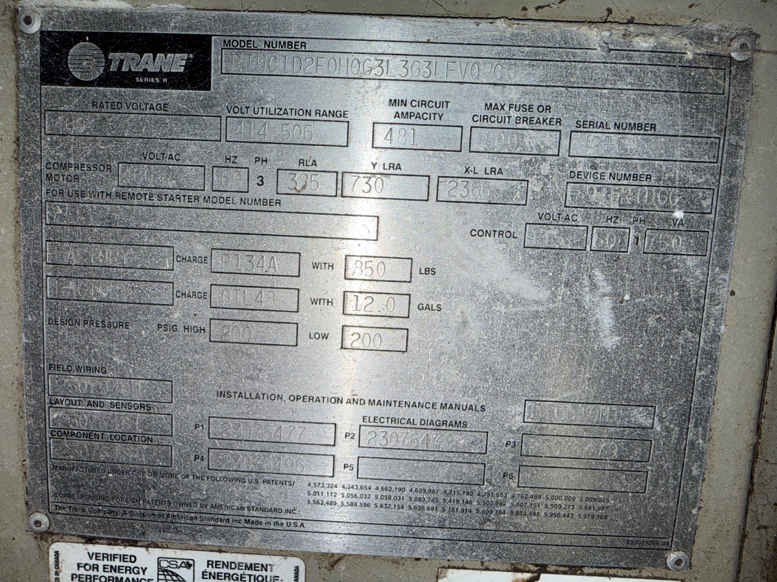 2001 TRANE RTHC1D2F0H0G3L3G3LFV0C0 WATER-COOLED CHILLER - undefined