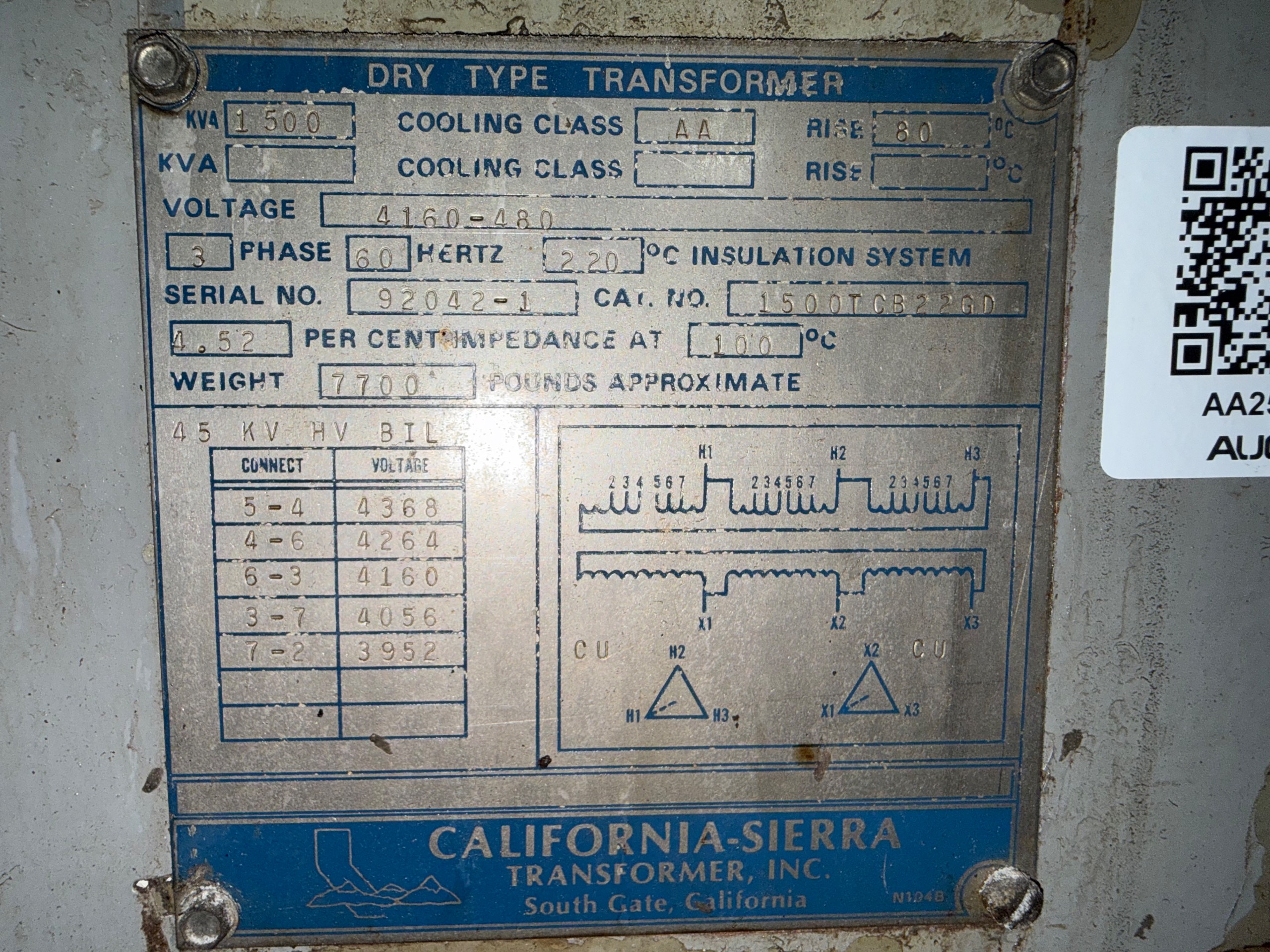 CALIFORNIA-SIERRA TRANSFORMER 1500TCB32GD DRY TRANSFORMER, 1500KVA - undefined
