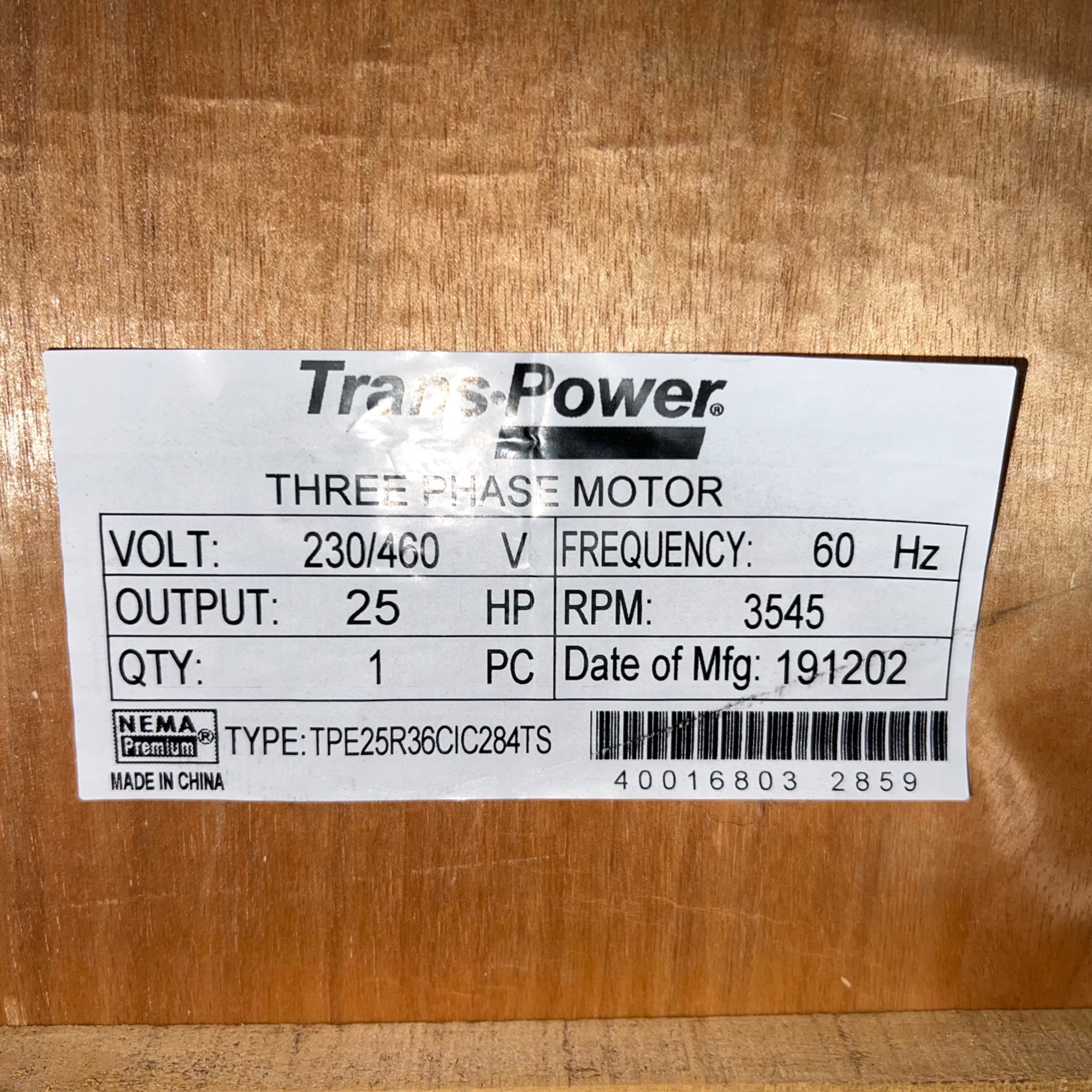 TRANS•POWER TPE25R36CIC284TS AC MOTOR - undefined