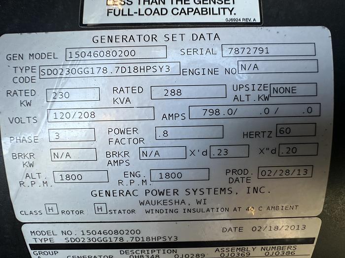 2013 GENERAC SD0230 IVECO/FPT 8.7L DIESEL GENERATOR EPA TIER 3, 230 KW - undefined