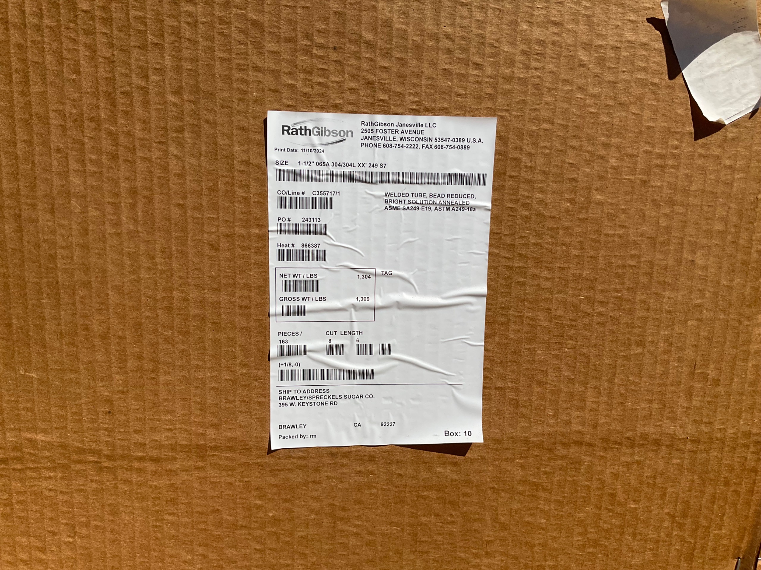 BULK QTY OF 2024 RATHGIBSON 1-1/2" 065A 304/304L 20' STAINLESS STEEL TUBES - undefined