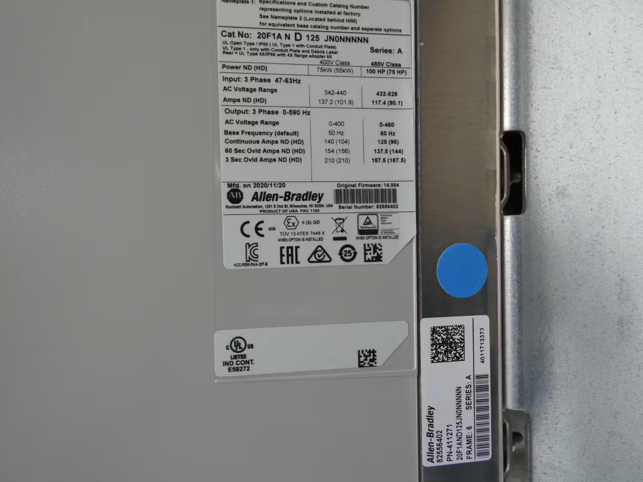 ALLEN BRADLEY 20F1AND125JN0NNNNN POWERFLEX 753 VFD DRIVE 0-590HZ 0-460V-AC 75HP - undefined