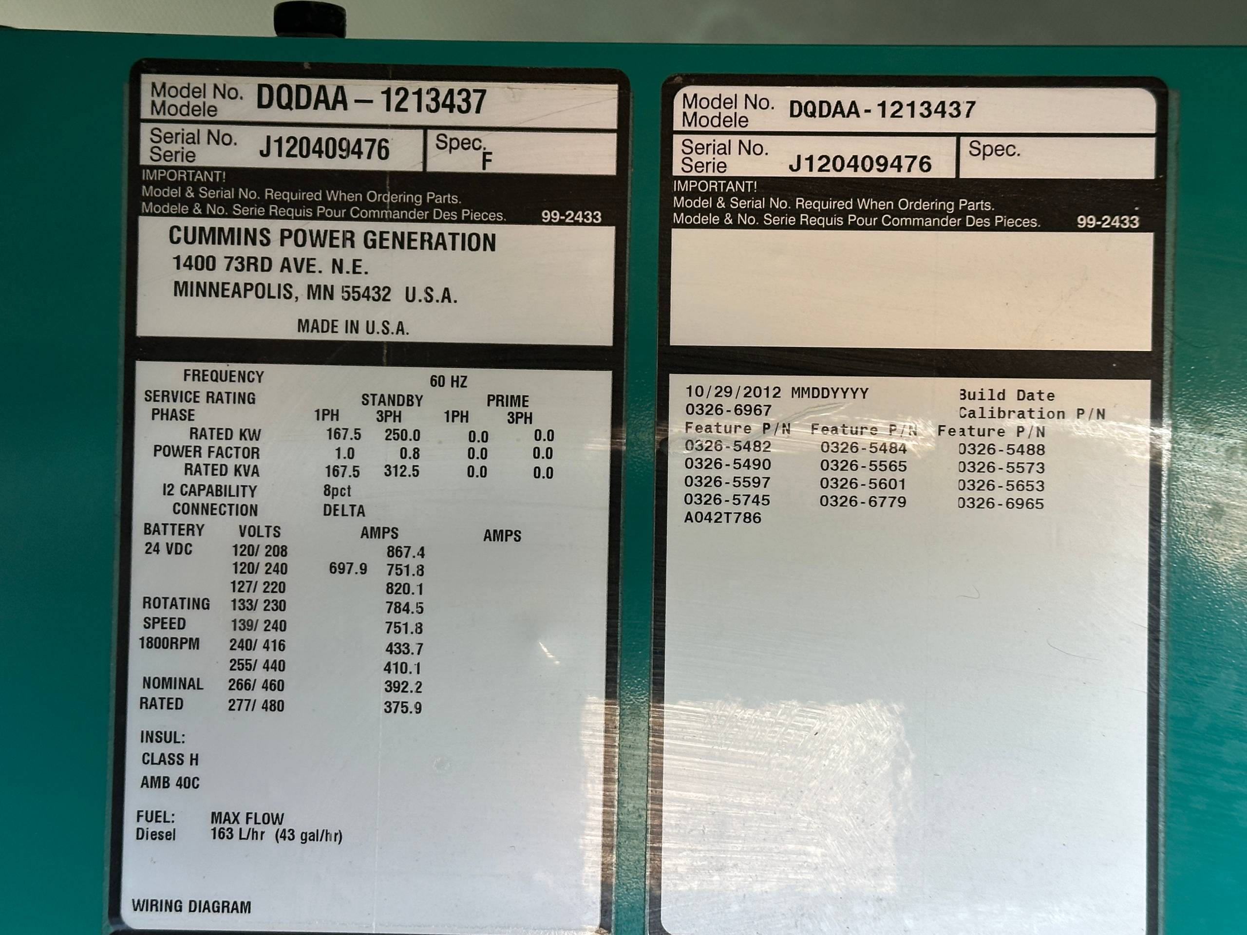 2012 CUMMINS DQDAA 250 KW DIESEL GENERATOR - undefined