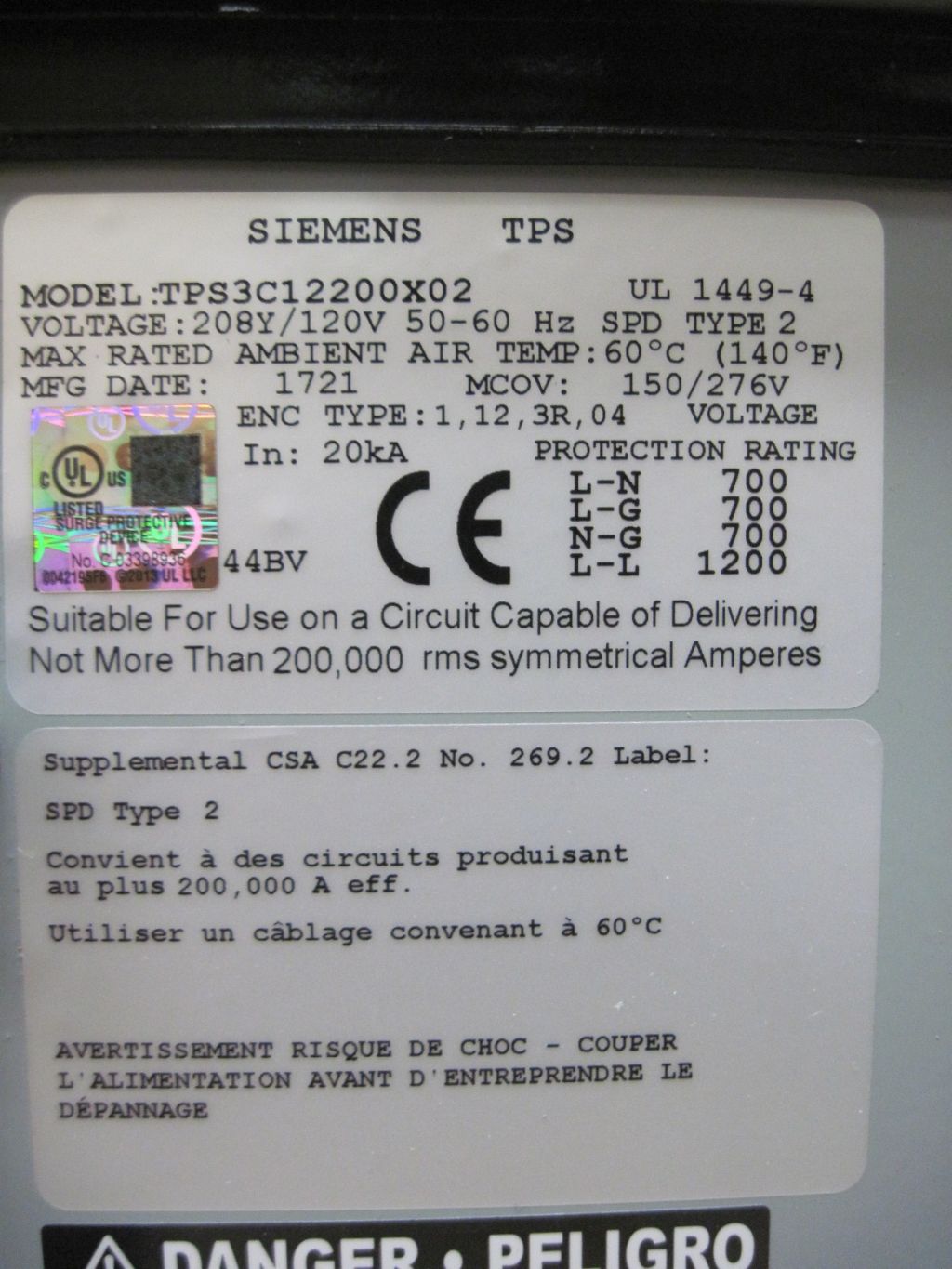2017 SIEMENS TPS3C12200X02 SURGE PROTECTION DEVICE - undefined