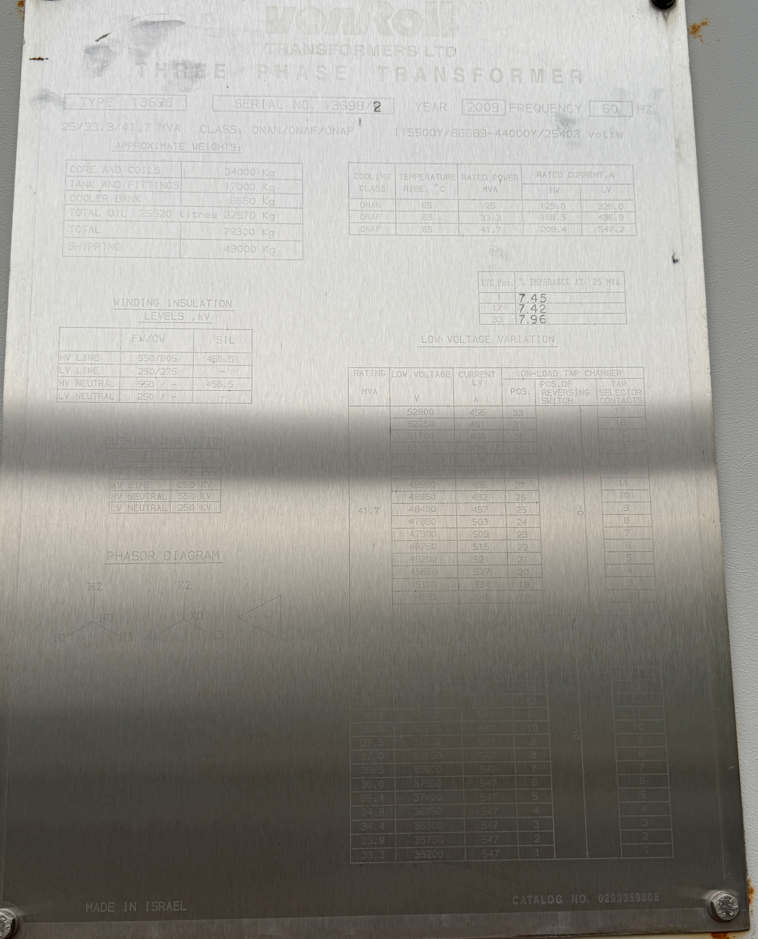 2009 VON ROLL TRANSFORMERS LTD TRANSFORMER 41.7MVA 115/44KV 136981 - undefined