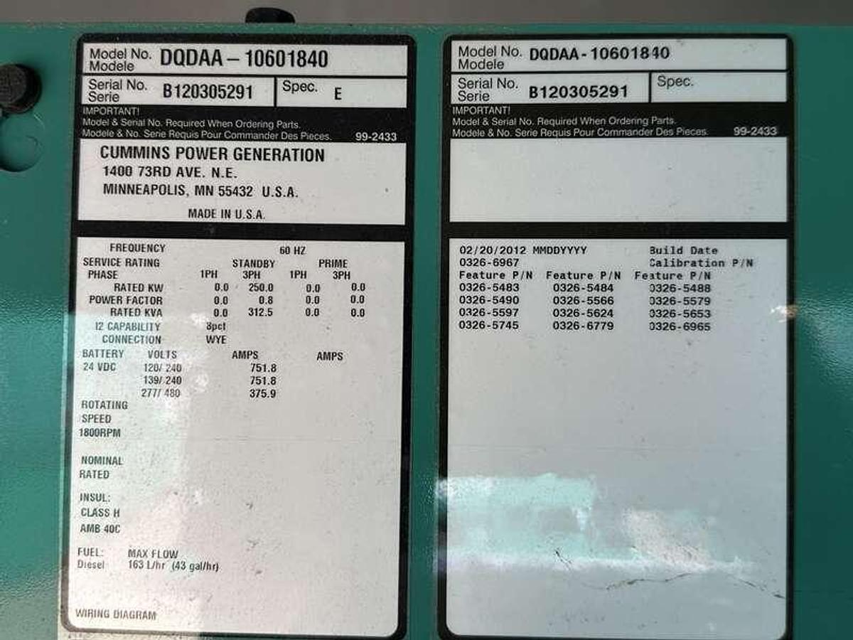 2012 CUMMINS DQDAA QSL9-G7 DIESEL GENERATOR TIER 3 250KW - undefined