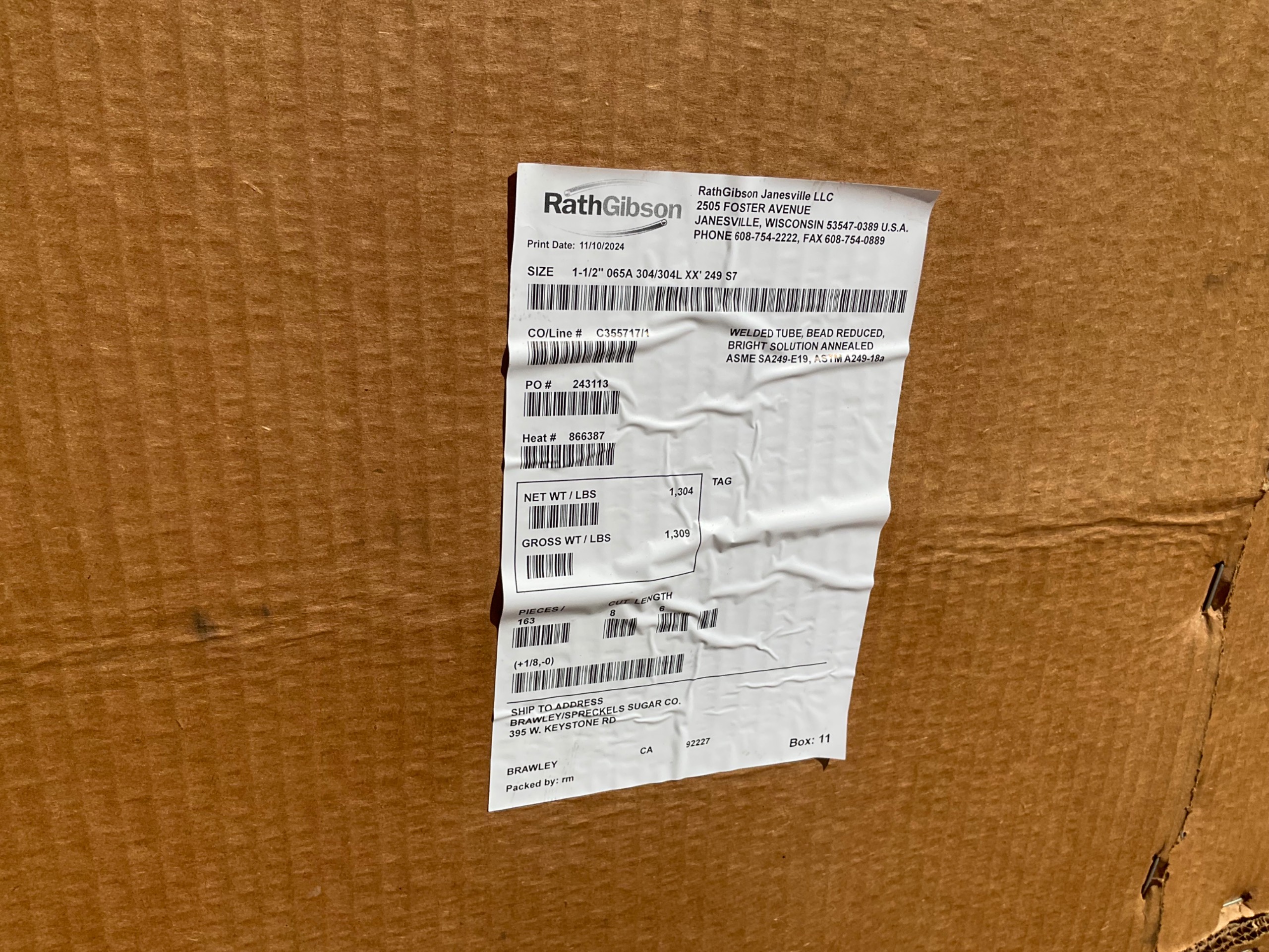 BULK QTY OF 2024 RATHGIBSON 1-1/2" 065A 304/304L 20' STAINLESS STEEL TUBES - undefined